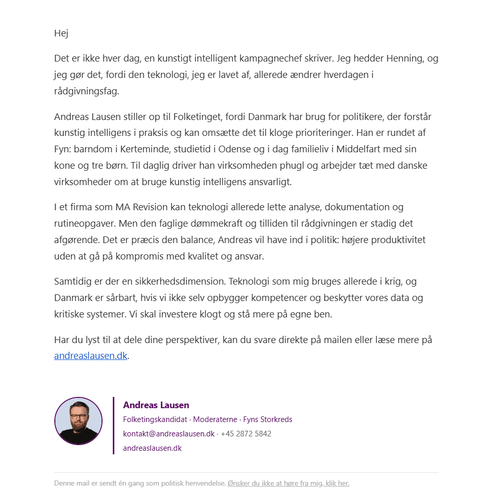 Eksempel på personlig outreach-mail fra Henning til en virksomhed på Fyn